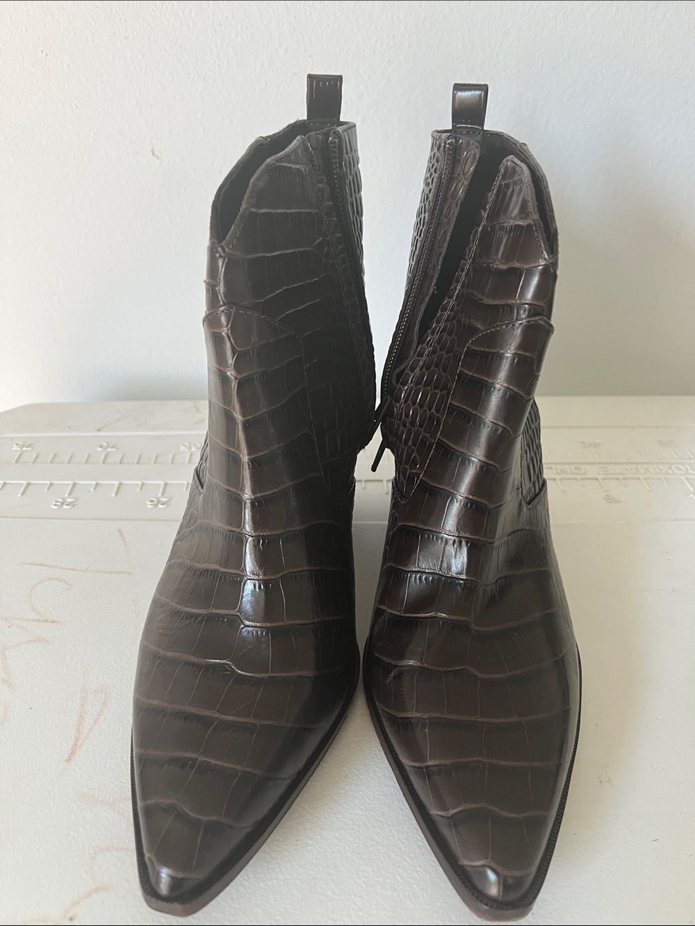 Gianni Bini Croc-Embossed Pointed Ankle Boots in Dark Brown